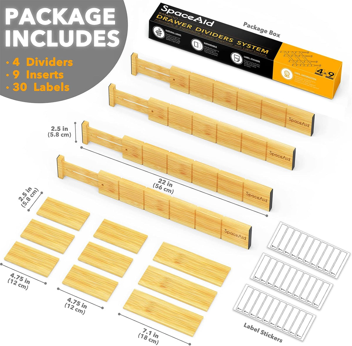 SpaceAid Bamboo Drawer Dividers with Inserts and Labels, 4 Dividers with 9 Inserts (17-22 in), Bag Storage Organizer (4 Pack)