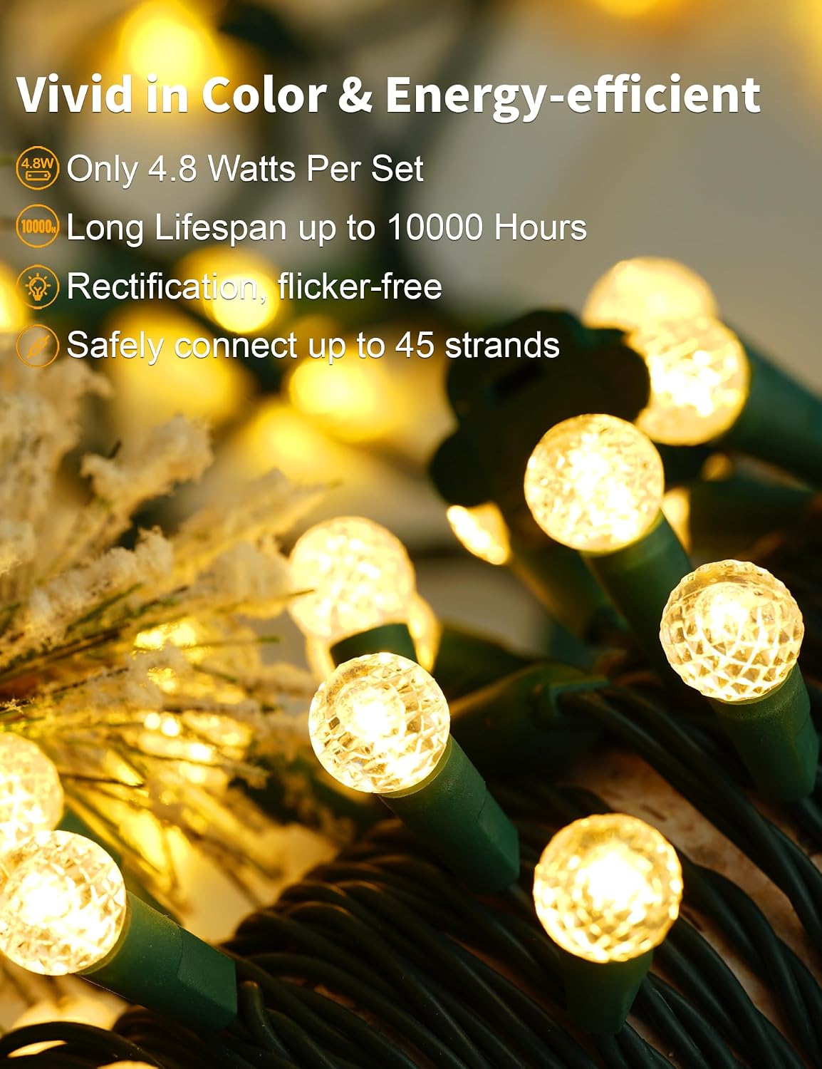 BOHON Warm White Christmas Lights String 17FT 50 LED Faceted G15 Globe