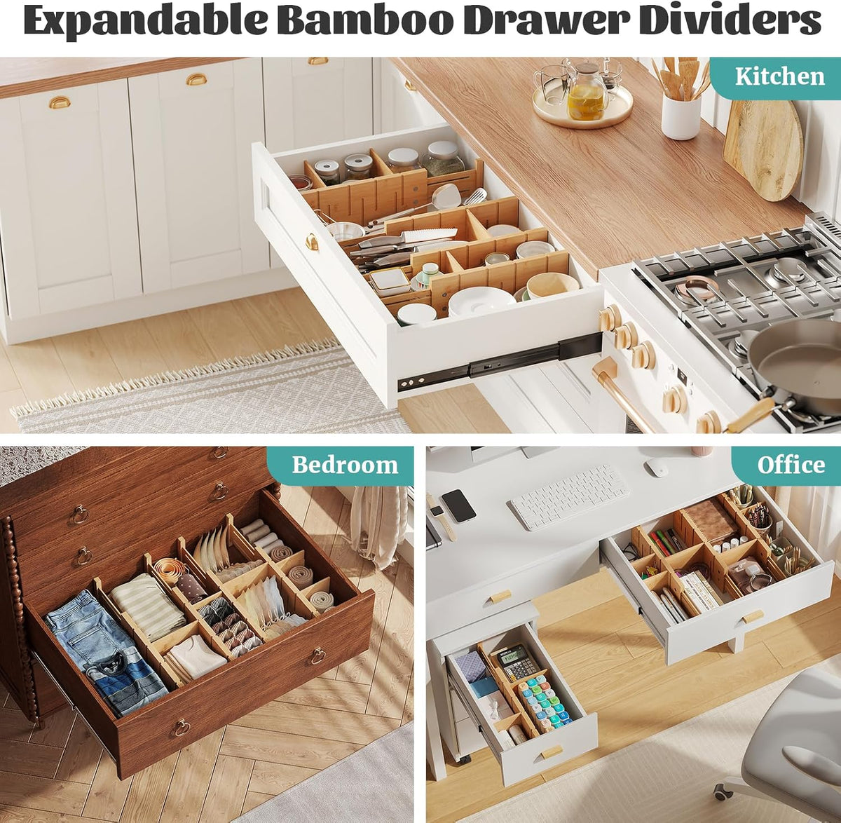 Bamboo Drawer Dividers 4 Pack, Adjustable 13.7-18.8in Dresser Organizer