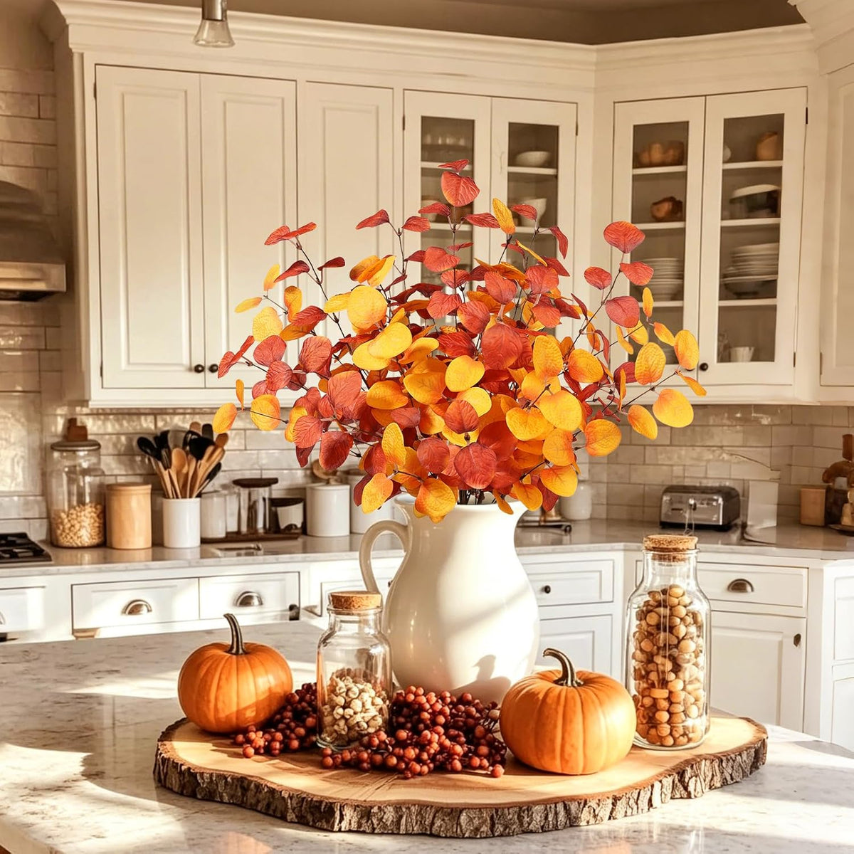 Beferr Fall Eucalyptus Stems Decor, 5Pcs 23" Artificial Eucalyptus Branches Autumn Leaves Fake Plants Floral Arrangements Thanksgiving Farmhouse Home Table Decorations
