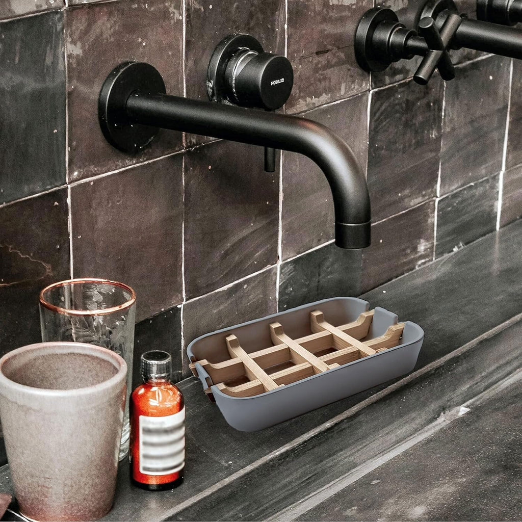 Aoheuo Modern Bamboo Fiber soap Holder and soap Dish Combination (Removable),5.12 Long by 3 Wide, 0.98 inches high, Used in Kitchens, bathrooms, and bar Sinks (Gray(2 Pack))
