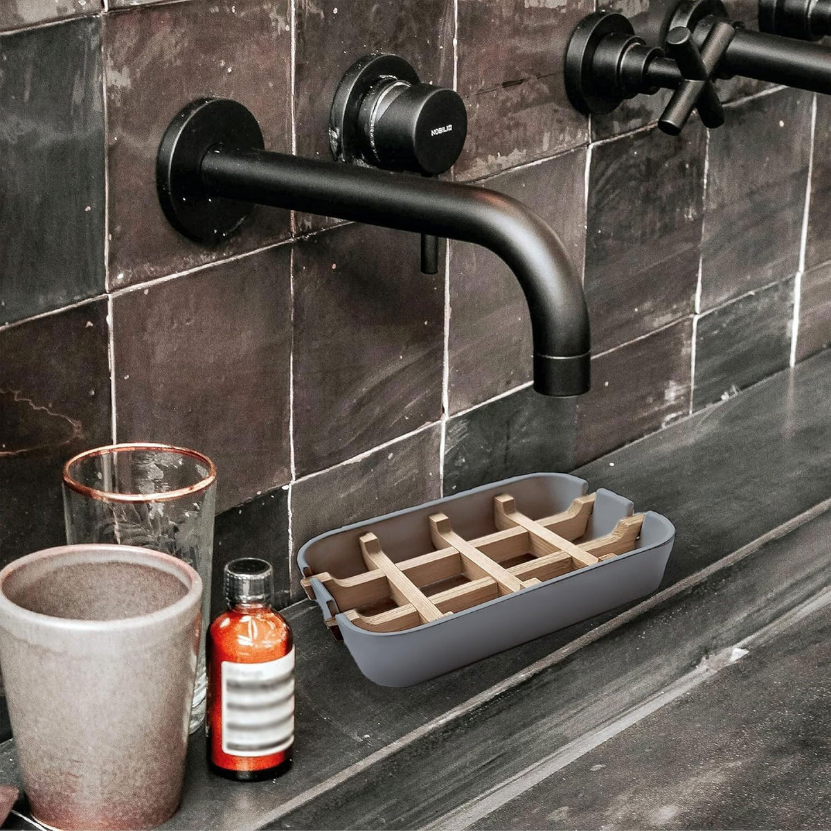 Aoheuo Modern Bamboo Fiber soap Holder and soap Dish Combination (Removable),5.12 Long by 3 Wide, 0.98 inches high, Used in Kitchens, bathrooms, and bar Sinks (Gray(2 Pack))
