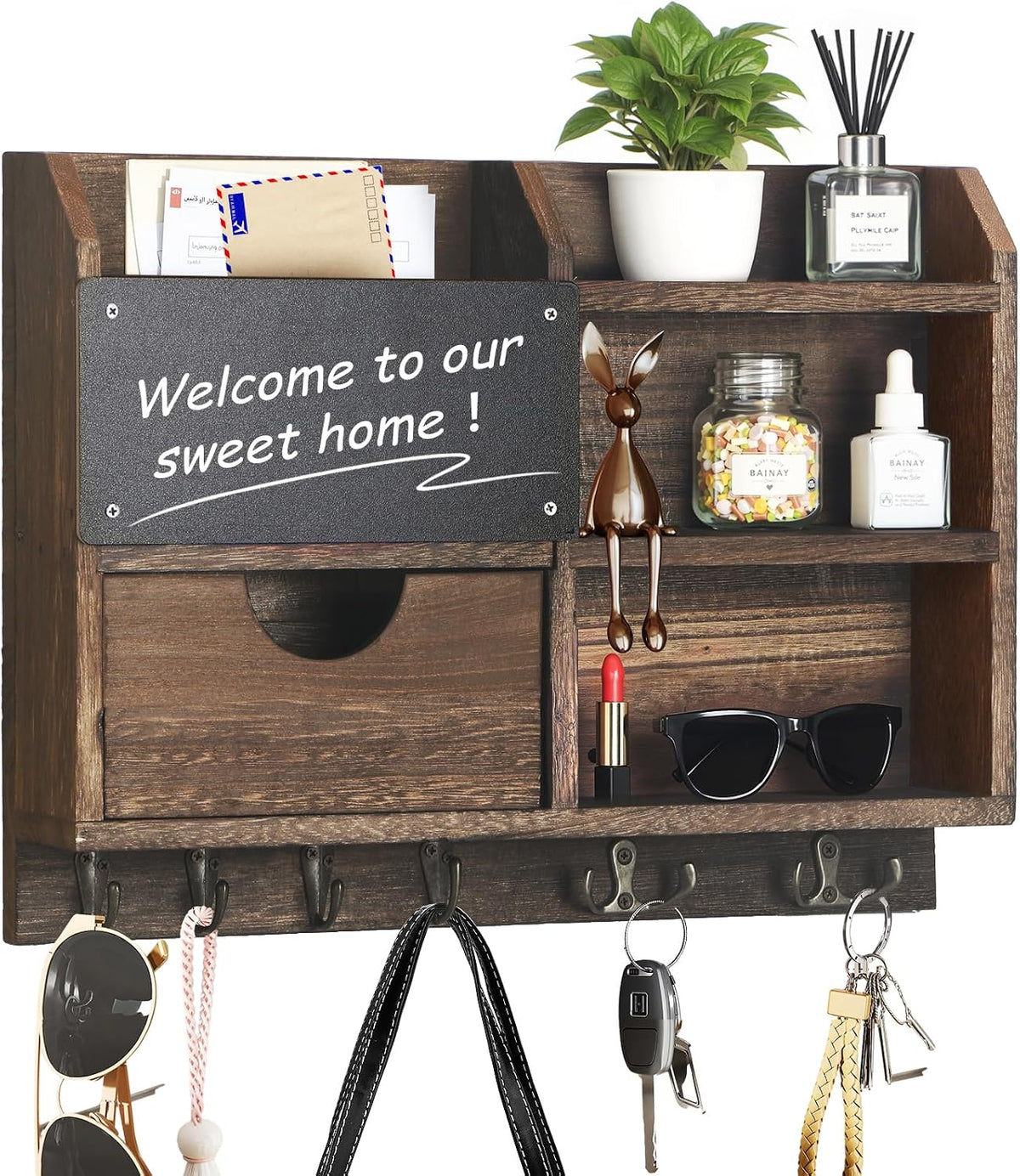 Key Holder Wall Mount, 14.5x11.2x3.5'' Larger 3-Tier Shelf 8 Hooks Drawer Storage,Wooden Key and Mail Holder for Wall,Farmhouse,Home,Living Room,House,Office Decor,Hats,Bag,Dog Leash Hanger Organizer