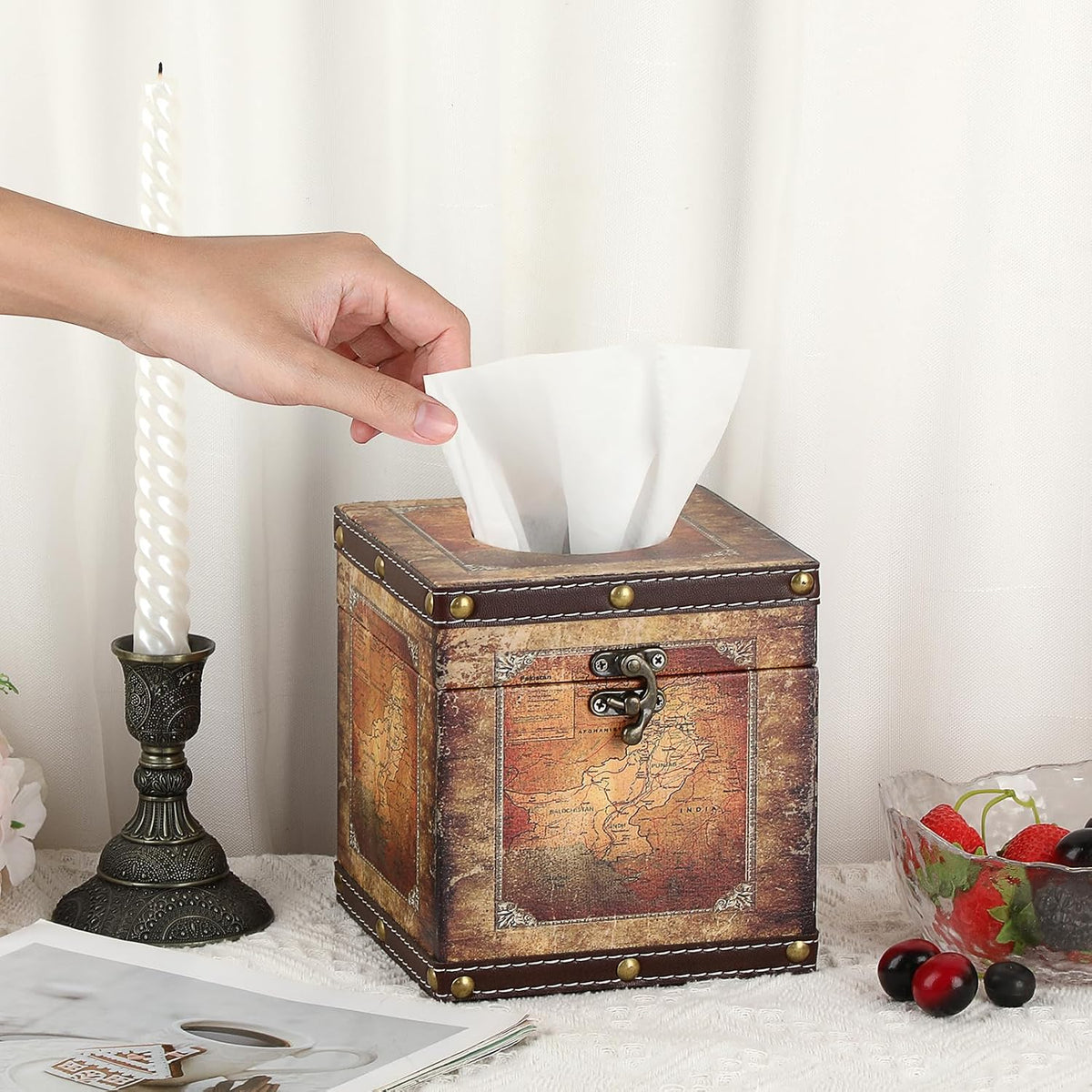 Kokone Rustic Wooden Aesthetic Tissue Box Cover with PU Leather Surface