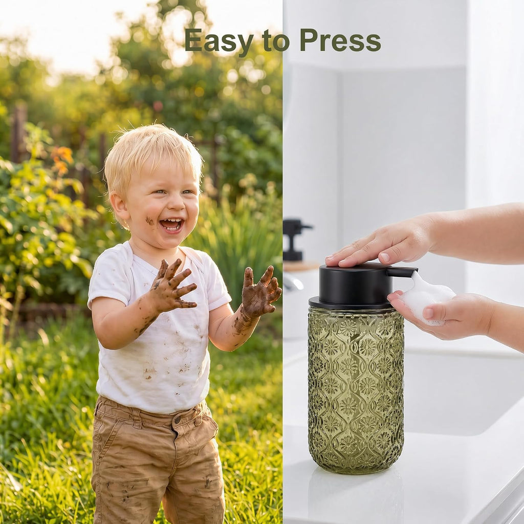 Green Glass Foaming Soap Dispenser, 14 OZ Vintage Foam Hand Soap Dispenser