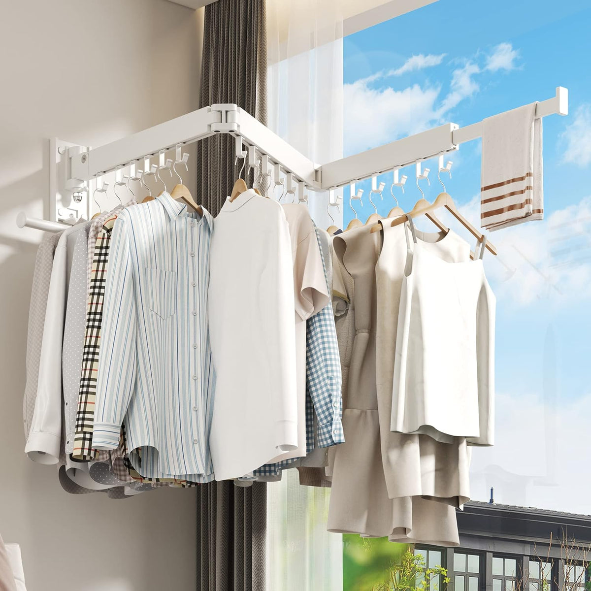 BOQORAD Wall Mounted Clothes Hanger Rack, Clothes Drying Rack,Laundry Drying Rack,Collapsible Clothes Rack Wall Mount, Retractable Drying Rack Clothing,can Fold Upward & Left & Right,White Color