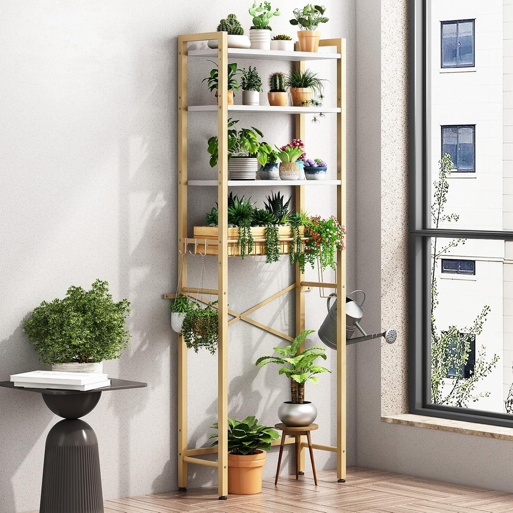 Kalrin Over-The-Toilet Storage Rack, 4-Tier Bathroom Organizer Shelf Over Toilet with Adjustable Shelf and Basket, Freestanding Space Saver Bathroom Shelves Above Toilet for Room (MetalWood-White)