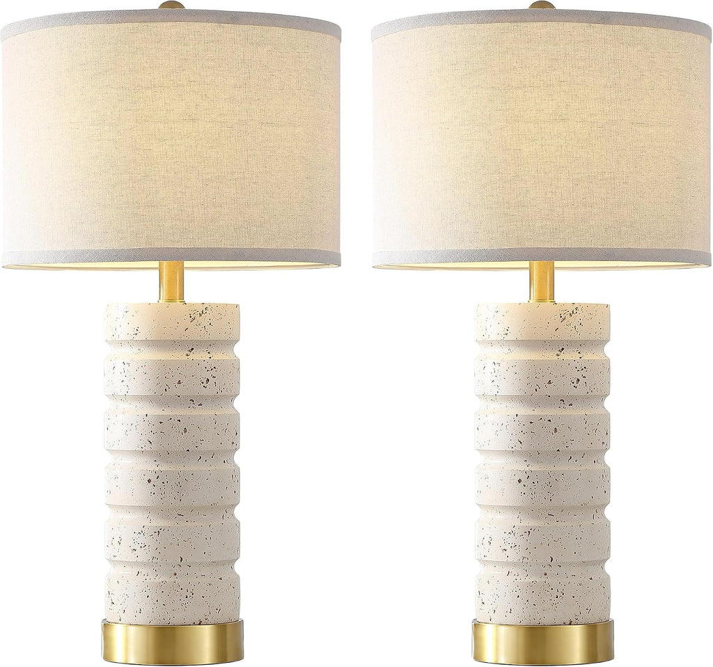 AIEAMPDO 26" Set of 2 Travertine Resin Table Lamps for Bedroom, Off-White