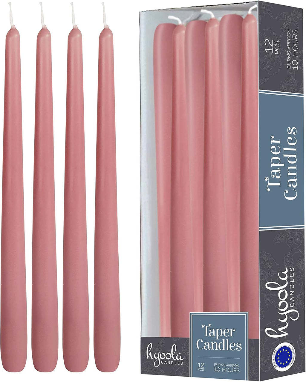Hyoola 12 Pack Tall Taper Candles - 12 Inch Rose Pink Dripless, Unscented Dinner Candle - Paraffin Wax with Cotton Wicks - 10 Hour Burn Time