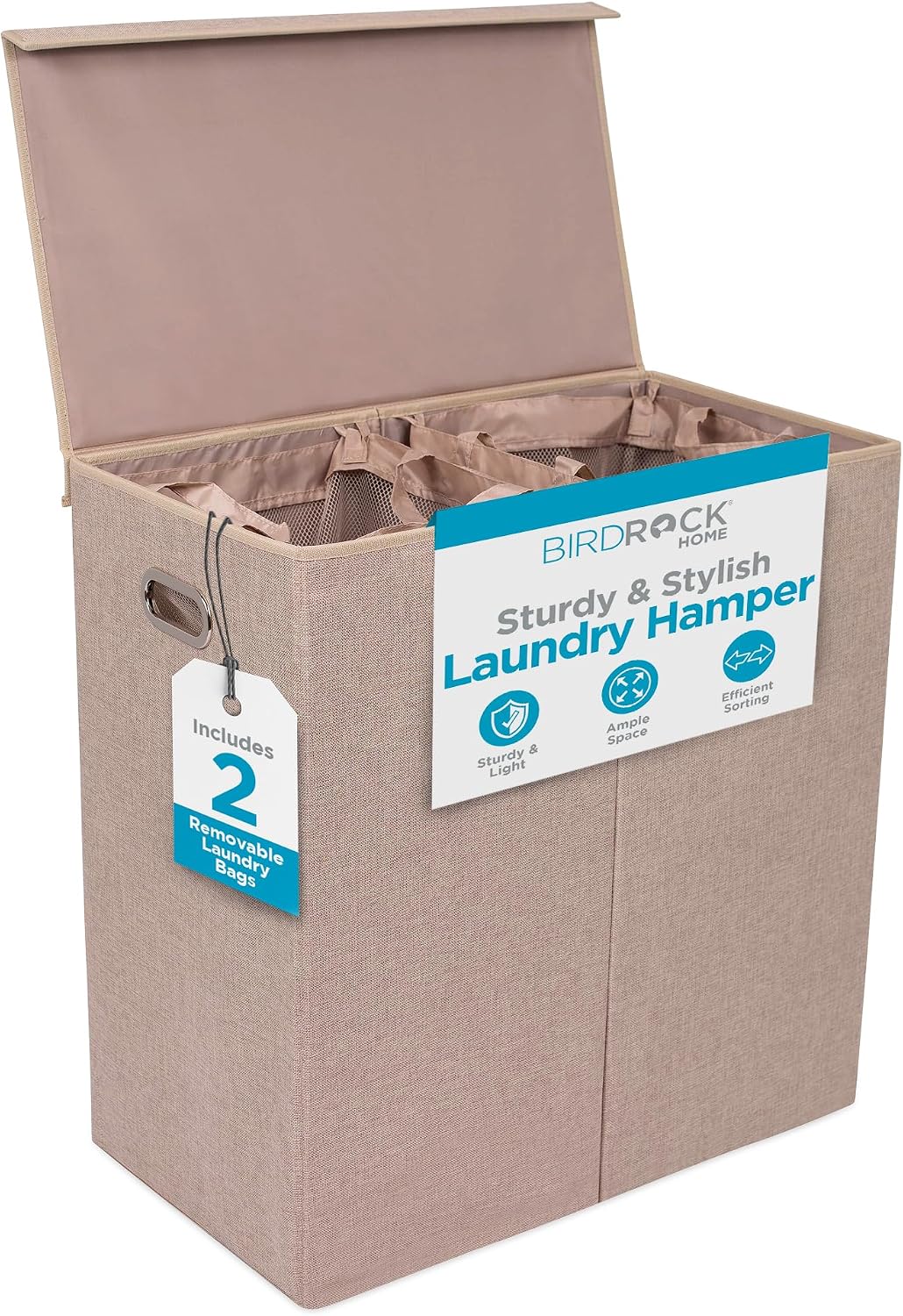 BIRDROCK HOME Tall Double Laundry Hamper with Lid, Cream, 25.75”