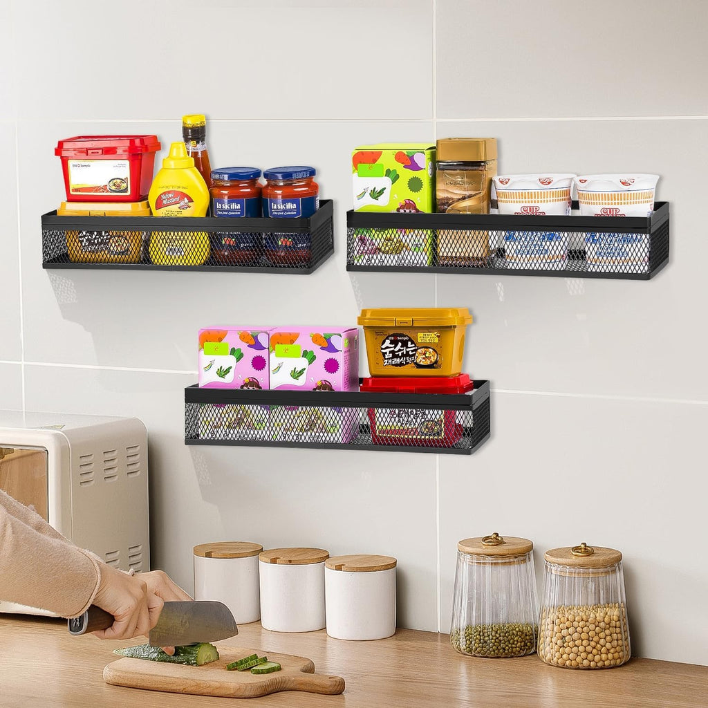 Hanging Wall Mount Storage Baskets with Adhesive Hooks & Screwing, Metal Wire Organizer Baskets for Home Decor, Kitchen, Bathroom, Pantry, Laundry, Closet, Garage, RV Black 2 Packs (Netting)