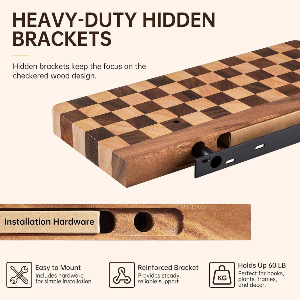 Floating Shelves for Wall, 24 Inch Solid Wood Checkered Wall Shelves