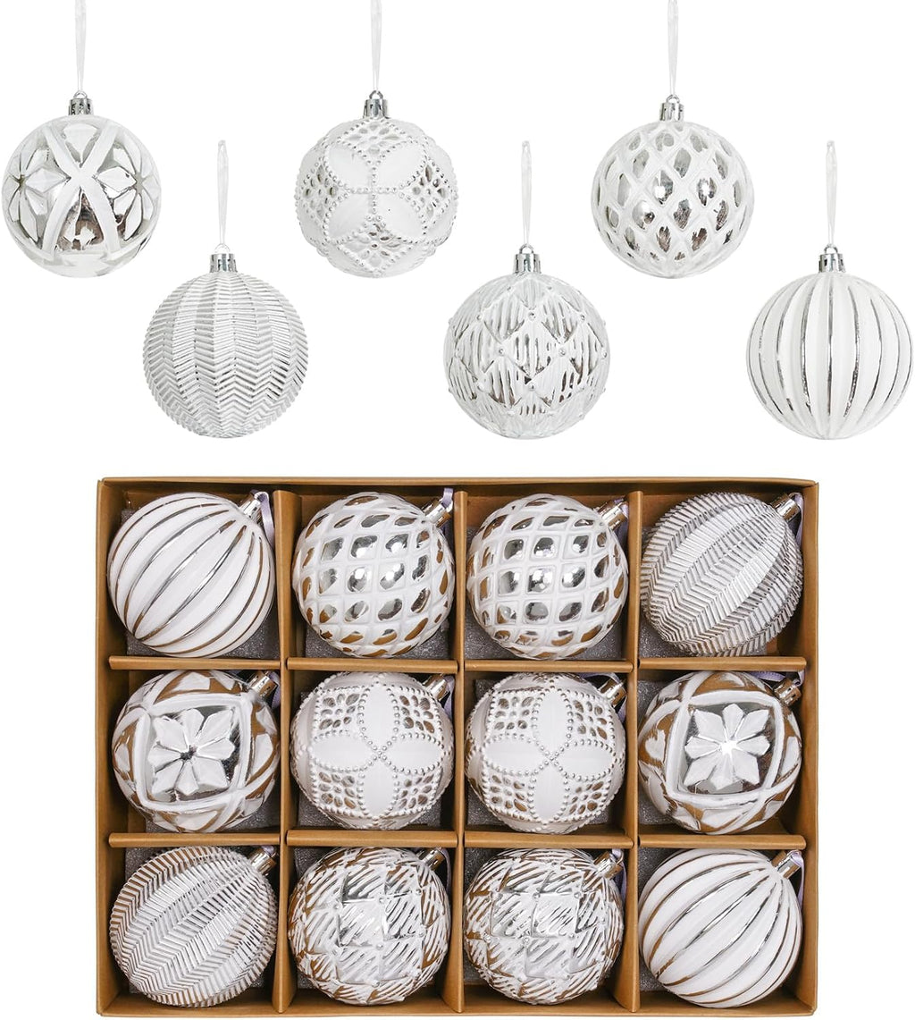 XmasExp Vintage Rustic Christmas Ball Ornaments Sets Neutral Christmas Ornaments Farmhouse Shatterproof Large Hanging Balls Tree Decorations for Xmas Xmas Home Party（Silver White, 12Pcs
