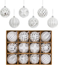 XmasExp Vintage Rustic Christmas Ball Ornaments Sets Neutral Christmas Ornaments Farmhouse Shatterproof Large Hanging Balls Tree Decorations for Xmas Xmas Home Party（Silver White, 12Pcs