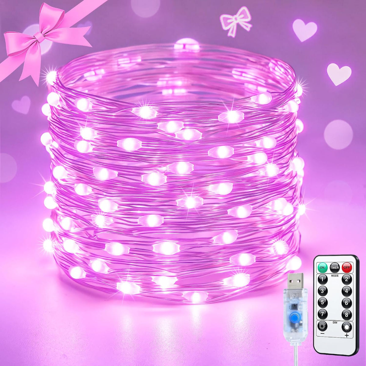 JMEXSUSS USB Pink Fairy Lights, 33ft 100 LED Pink Halloween Lights Indoor