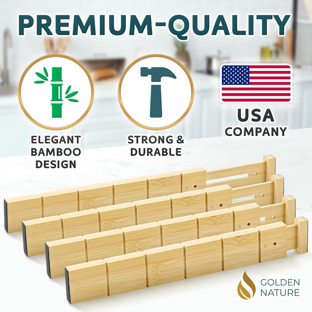 Bamboo Drawer Organizer with Inserts & Labels, 17-22", Kitchen Dividers