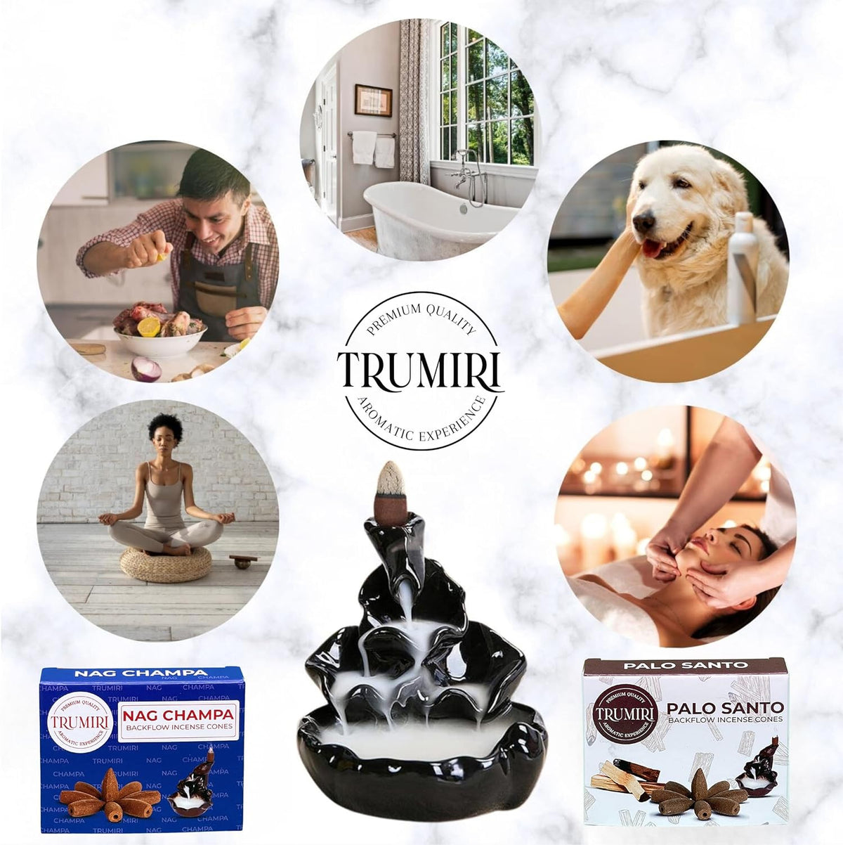 TRUMIRI Backflow Incense Cones - Combo Pack of 20 Incense Cones Waterfall - 10 Nag Champa + 10 Palo Santo
