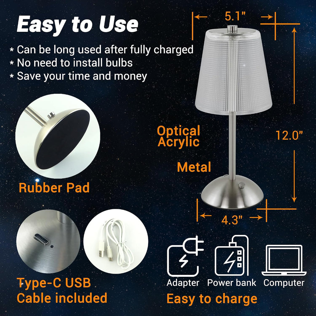 Cordless Rechargeable Metal Table Lamp, Cube Shade, Nickel