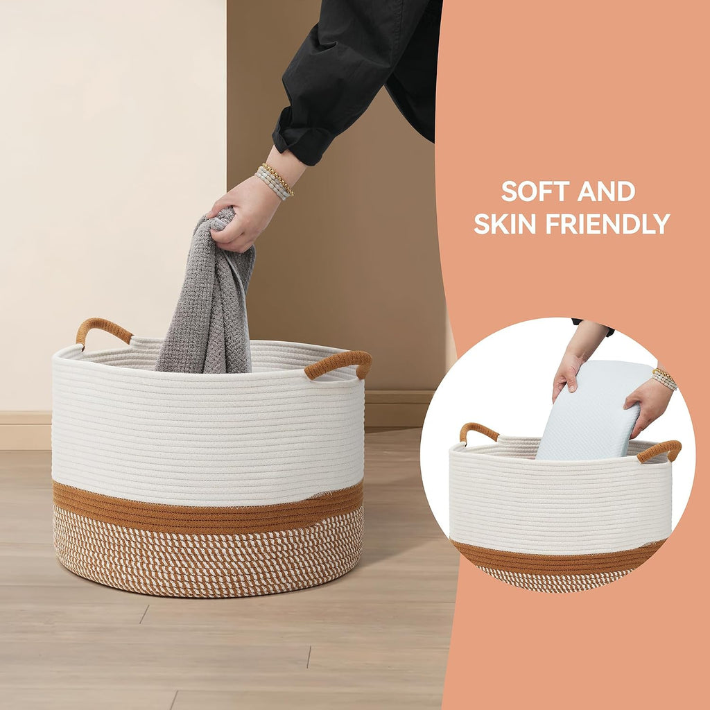 Large Blanket Basket (20"x13"),Woven for Storage Dirty Clothes Basket for Laundry, Living Room, Nursery, Bedroom Rope Storage Basket for Blankets(White/Brown)