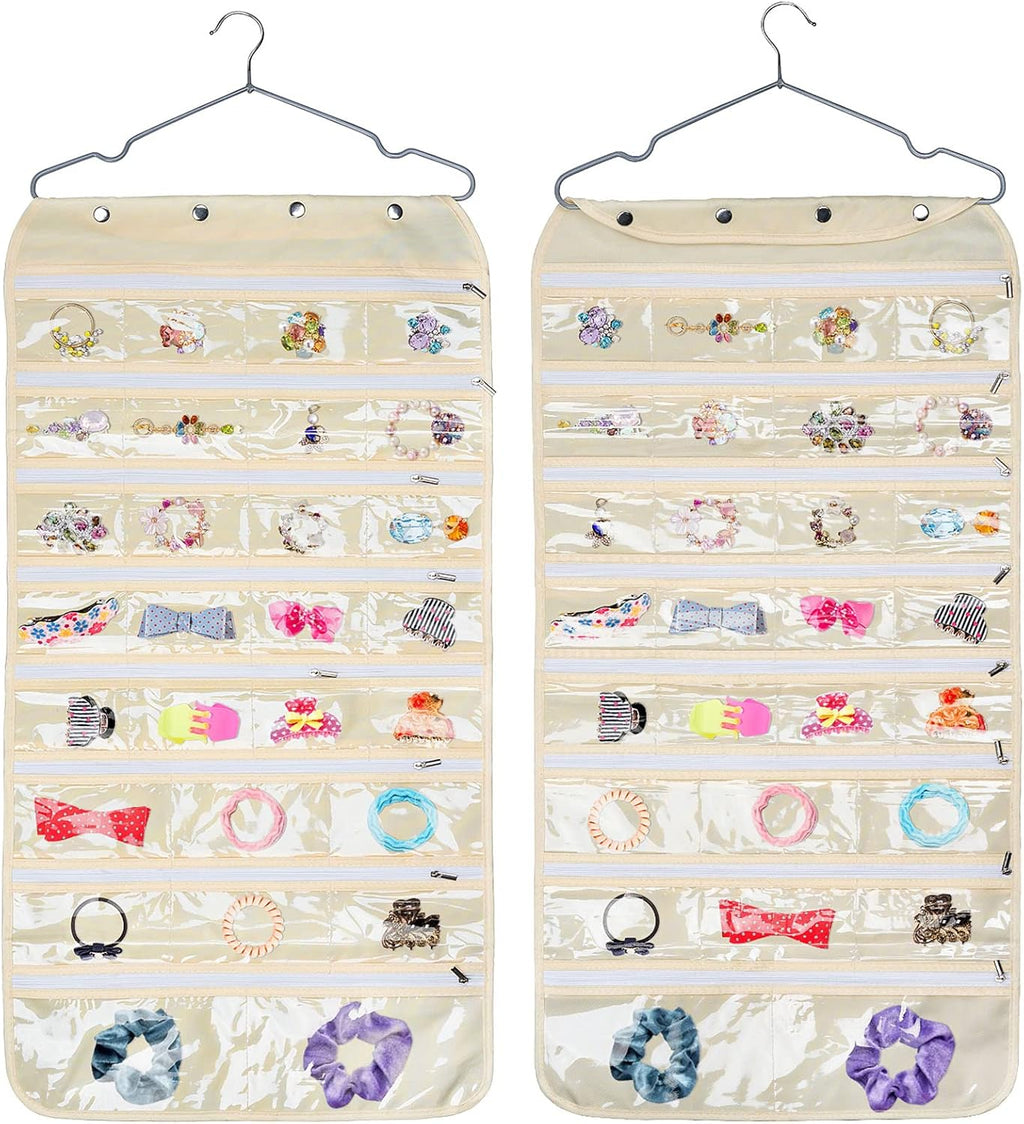 Beige Hanging Jewelry Organizer 56 Pockets for Necklaces Bracelets Storage