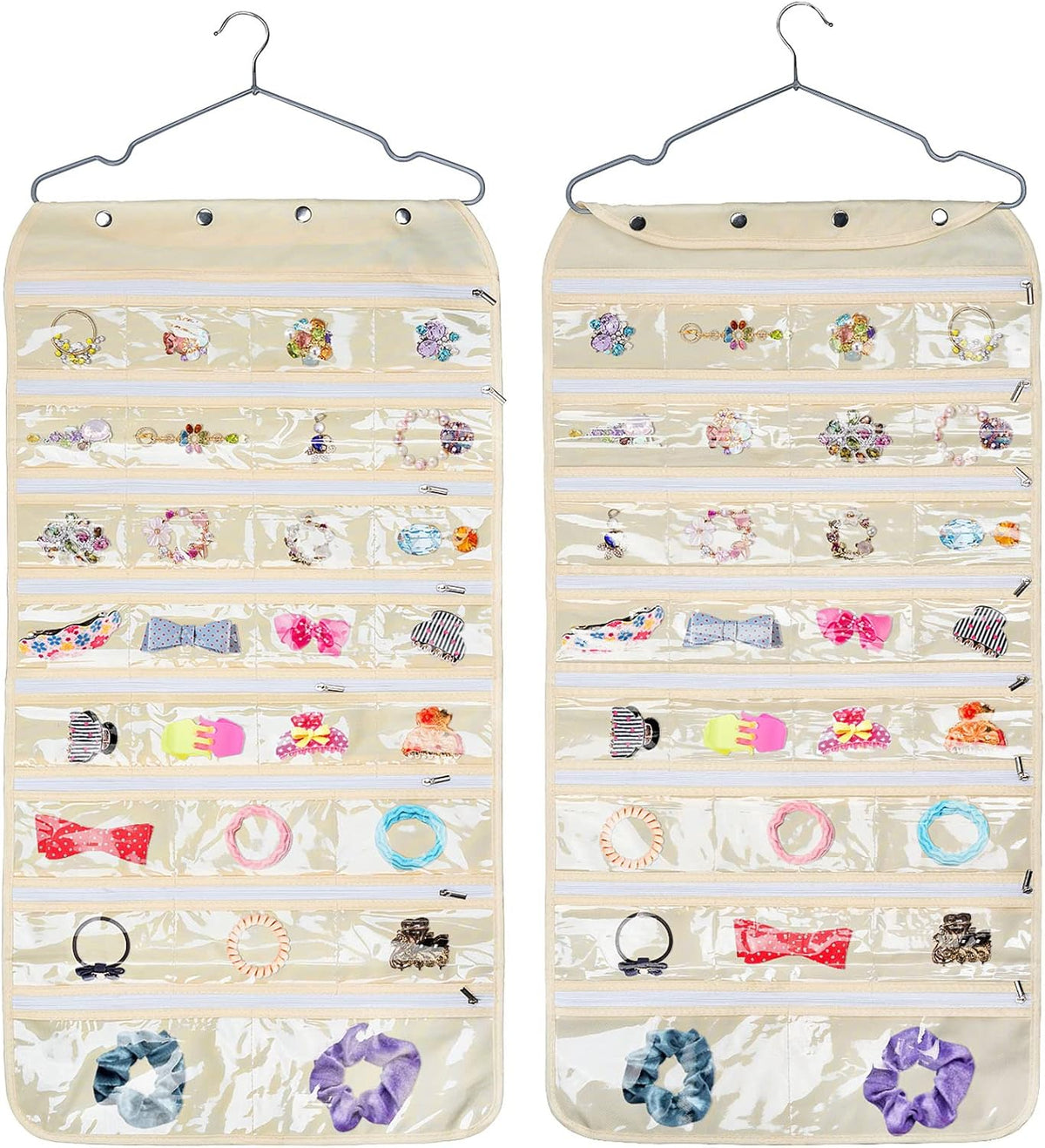 Beige Hanging Jewelry Organizer 56 Pockets for Necklaces Bracelets Storage