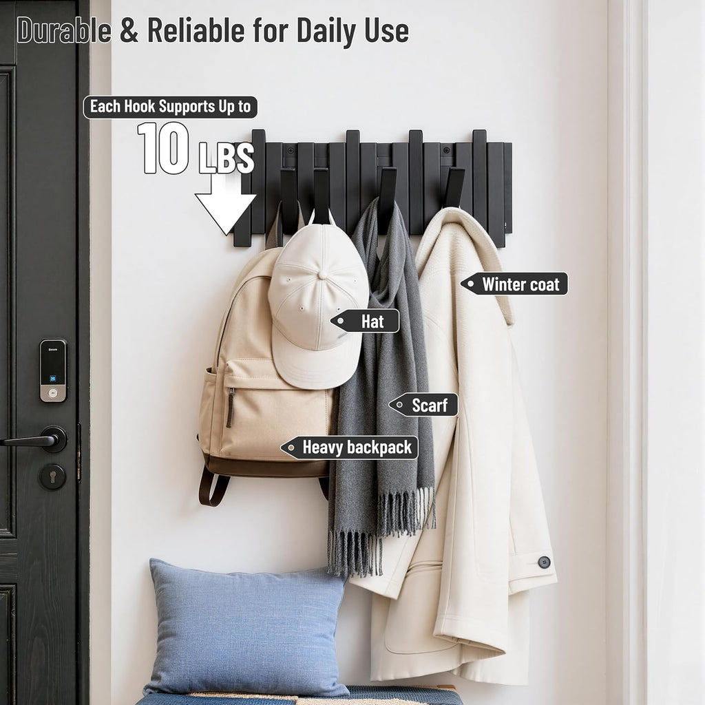Wall Coat Rack for Entryway: Folding Wood 8 Hooks for Small Space