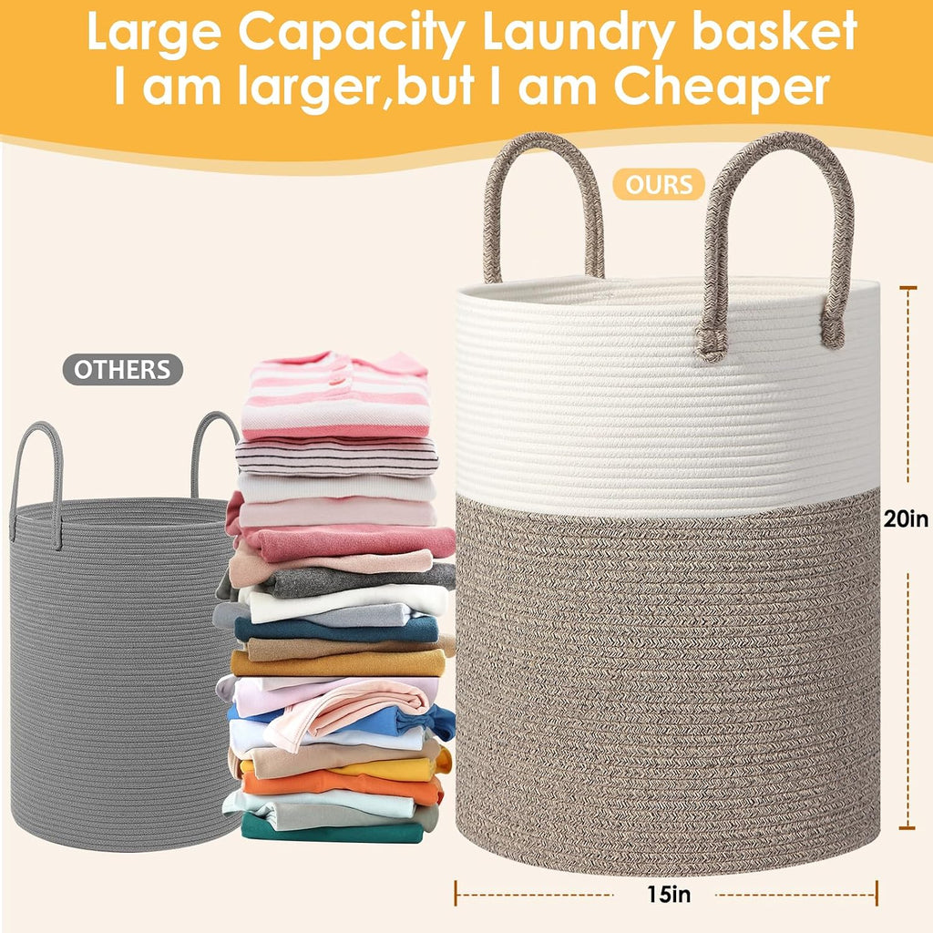 Large 60L Laundry Basket Hamper, Woven Cotton Rope Basket with Handles, Blanket Basket for Living Room, Baby Nursery, Bedroom & Bathroom, 15"D x 20"H Decorative Clothes Hamper, White/Brown