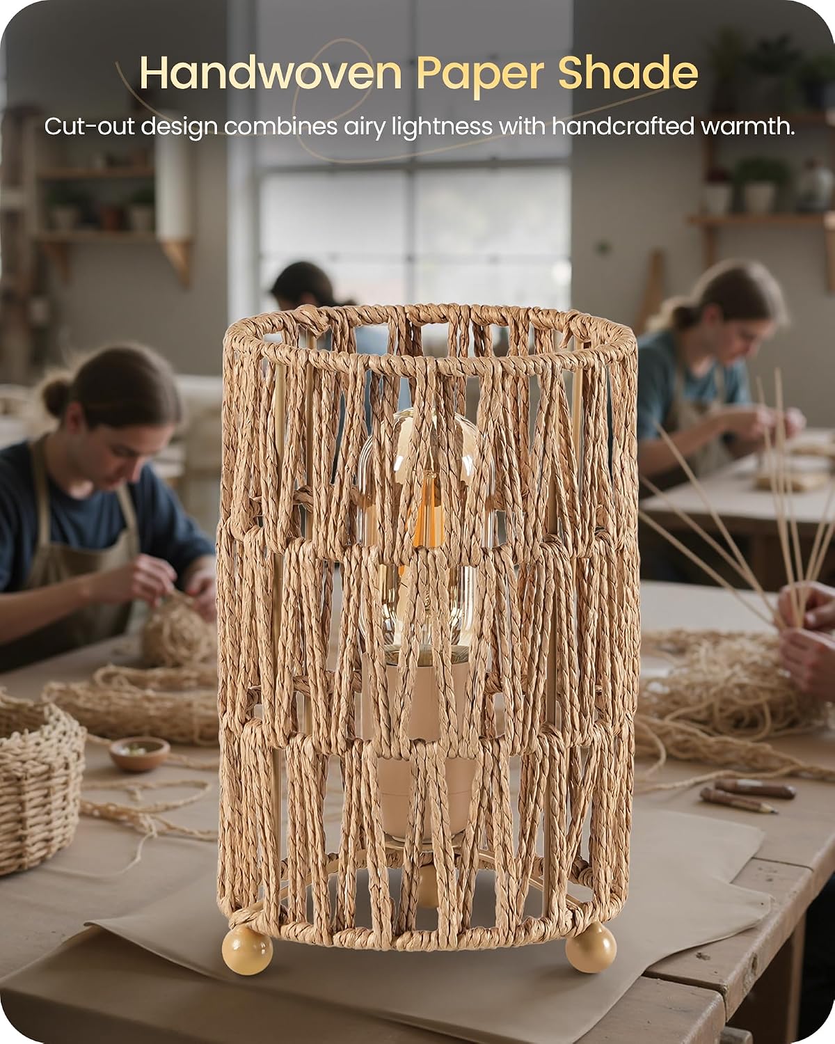 Boho Table Lamps Set of 2, Rattan-Style Small Bedside Lamps