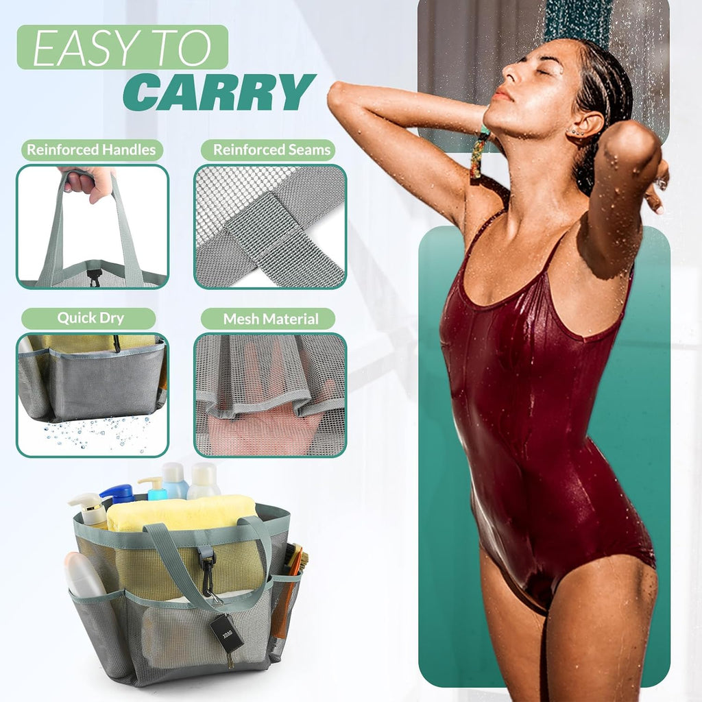 LOYEE Mesh Shower Caddy Portable for College Dorm Room Essentials with 8 Pockets, Shower Bag for Beach, Swimming, Gym, Travel, Bathroom(All gray)