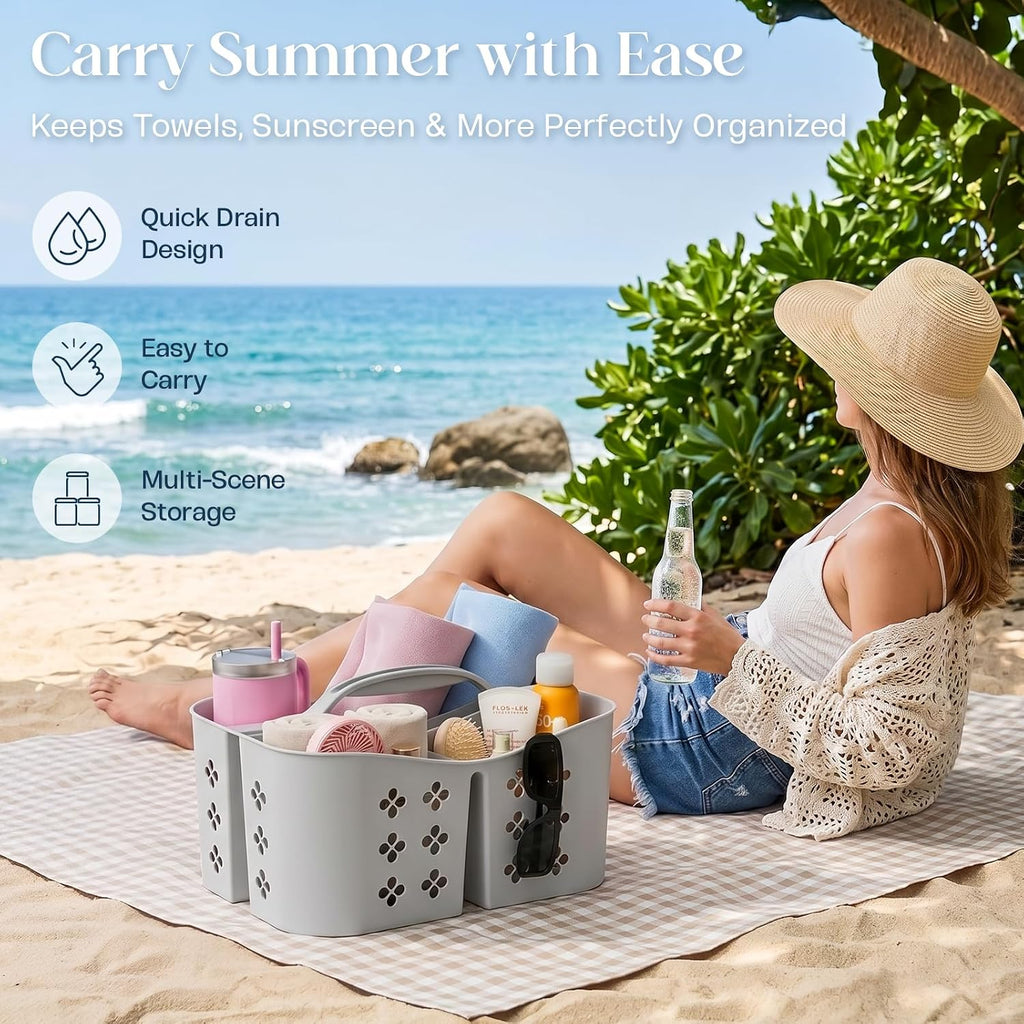 Portable Shower Caddy with Handle, Large Capacity Shower Basket Organizer, Quick-Drain Bathroom Storage Tote, Durable Plastic Shower Organizer for College Dorm, Beach, Gym, Travel Essentials, Grey