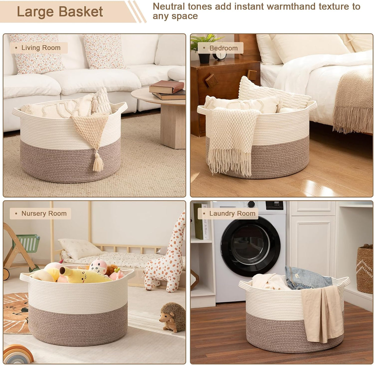OIAHOMY 115L Extra Large Blanket Basket Living Room Laundry Basket Brown