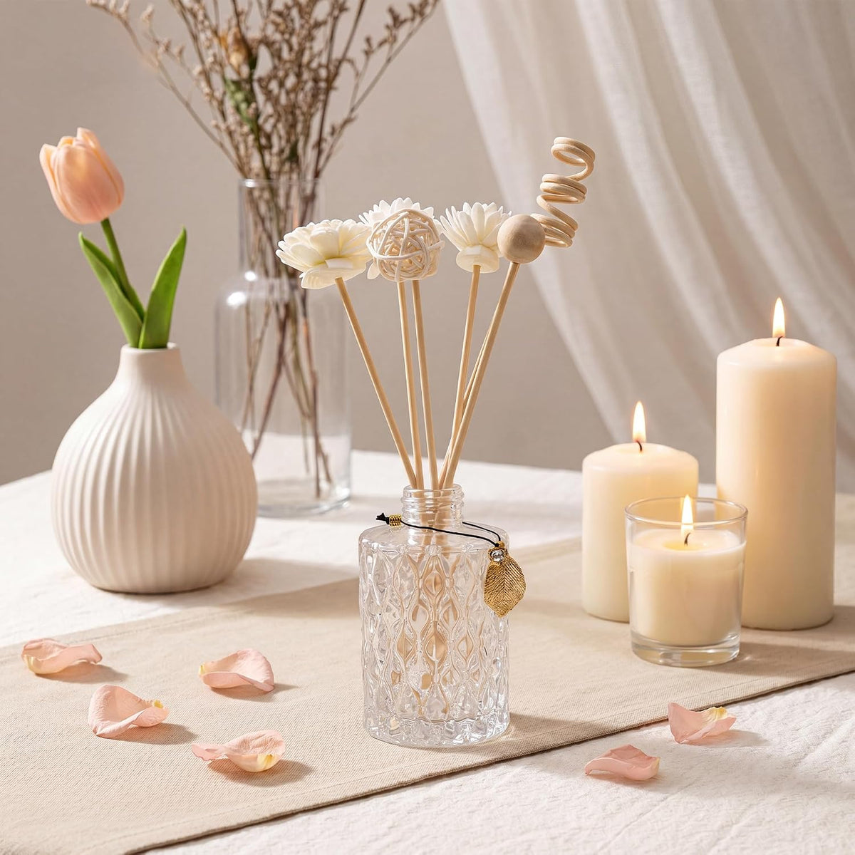 Glass Reed Diffusers Bottles for Home, Diffuser Bottles with Reed Diffuser Sticks Set, Vintage Embossed Apothecary Style Flower Bud Vases with Cork Lids, Set of 6