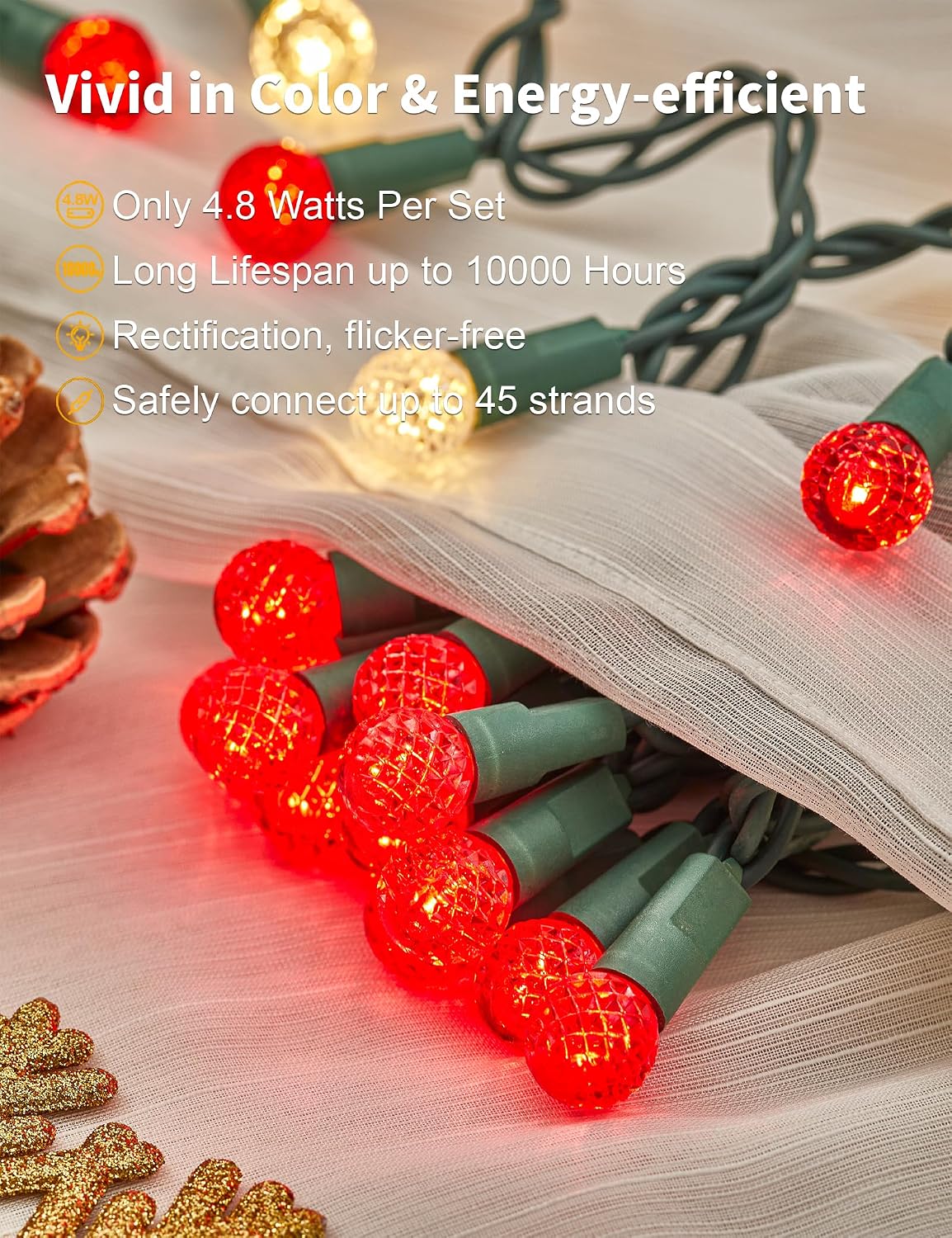 BOHON Christmas Lights String 17FT 50 LED Faceted G15 Red and Warm White