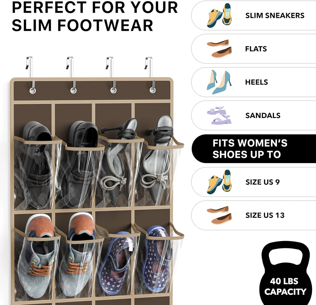 Simple Houseware 24 Pockets Clear Over the Door Shoe Organizer, Brown