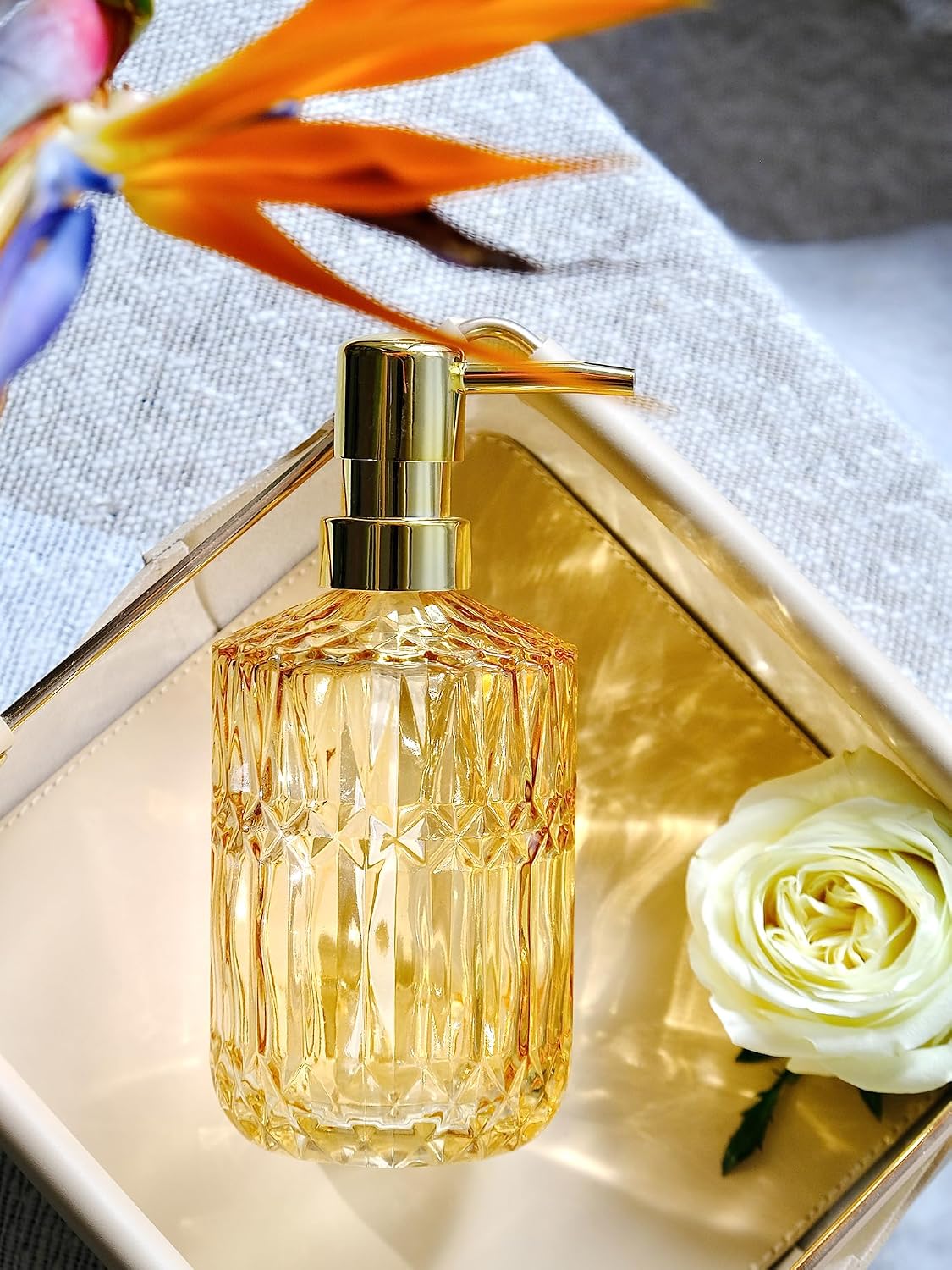 LaMarriti Clear Glass Soap Dispenser with Gold Rust Proof Pump, Refillable Thick Glass Kitchen Soap Dispenser, Lotion Dispenser Bathroom for Hands Soap, Dish Soap, Body Wash (Yellow Gold