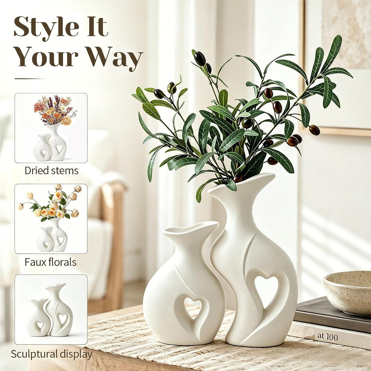 Heart Shaped Ceramic Vases Wabi Sabi Boho Flower Vase Set (White)