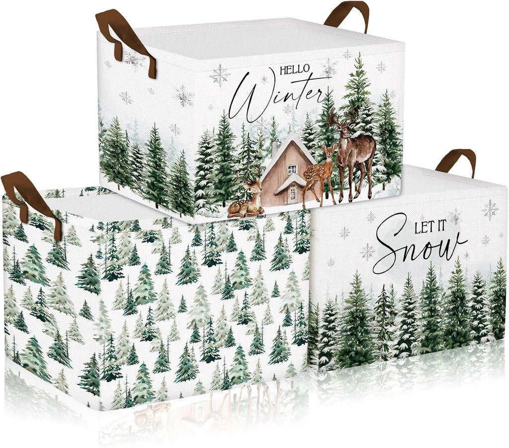 Beeveer 3 Pcs Winter Tree Wonderland Reindeer Storage Bin Xmas Tree Foldable Basket with Handle Fabric Storage Container Cube Box for Home Office Dorm Closet Shelf Toy Organizer
