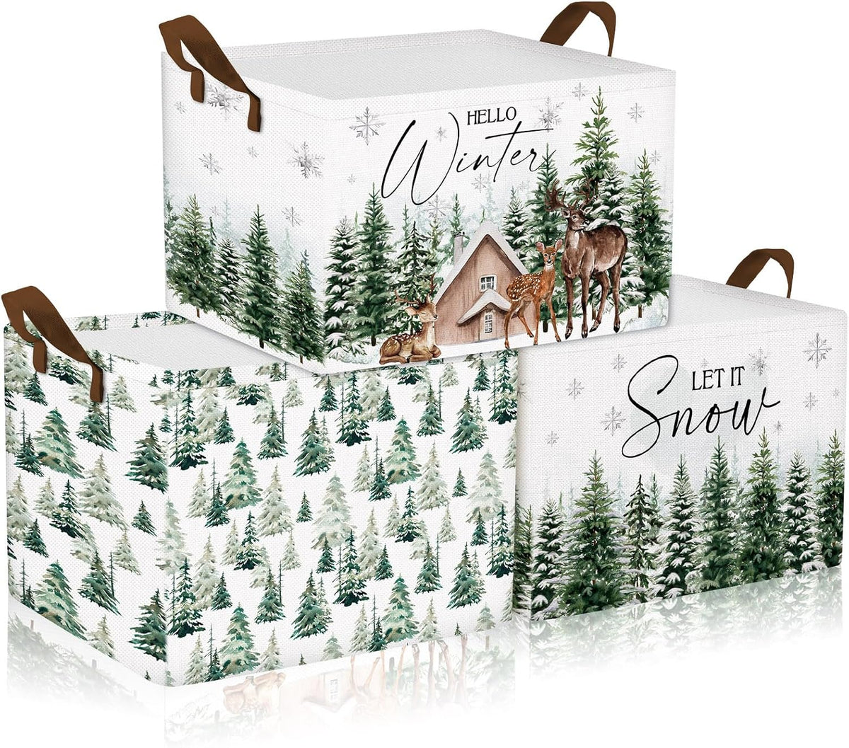 Beeveer 3 Pcs Winter Tree Wonderland Reindeer Storage Bin Xmas Tree Foldable Basket with Handle Fabric Storage Container Cube Box for Home Office Dorm Closet Shelf Toy Organizer