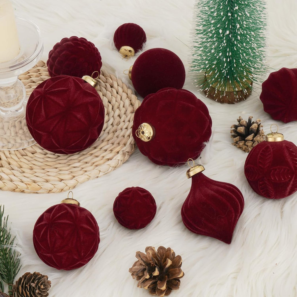46PCS Velvet Christmas Ball Ornaments Set, Burgundy Flocked Shatterproof Xmas Tree Decor, Assorted Hanging Ornaments with Loop for Holiday Home Decor, Christmas Tree Decoration (Red)