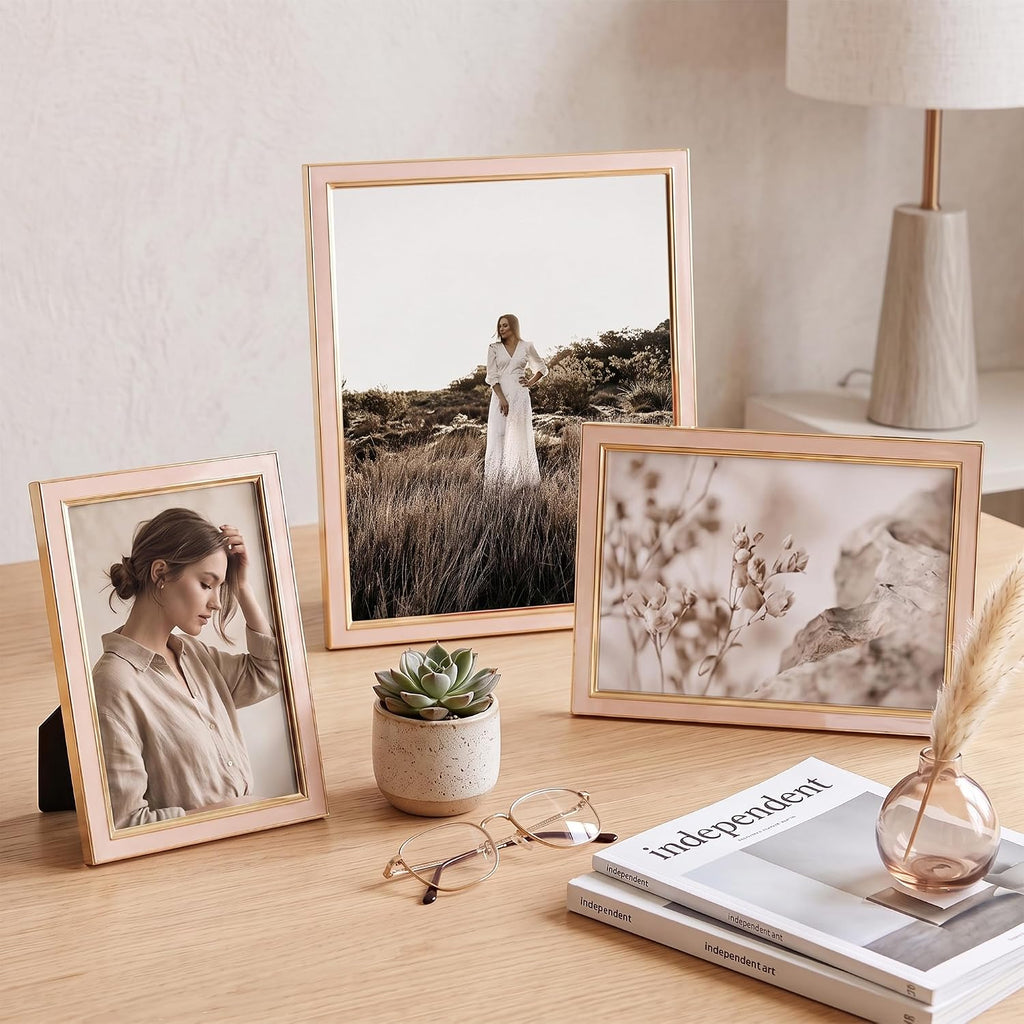 Venusmiles 4x6 Enamel Picture Frames with Tempered Glass, 1 Pack Pink Photo Frame with Gold Metal Edge, Horizontal and Vertical Display Pictures 4x6 for Wall and Tabletop, Bookshelf, Wall Decor