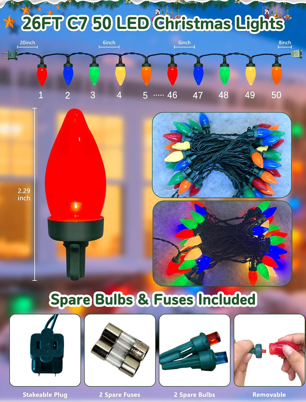 SUNSGNE C7 LED Christmas Colorful String Lights - 26FT Colored Christmas Tree Lights with 50 Multicolor LED Bulbs for Holiday Party Roofline Backyard Garden Patio - Green Wire