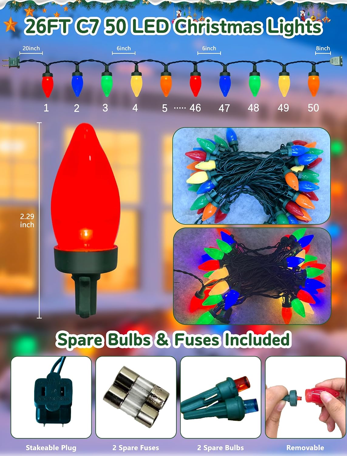 SUNSGNE C7 LED Christmas Colorful String Lights - 26FT Colored Christmas Tree Lights with 50 Multicolor LED Bulbs for Holiday Party Roofline Backyard Garden Patio - Green Wire
