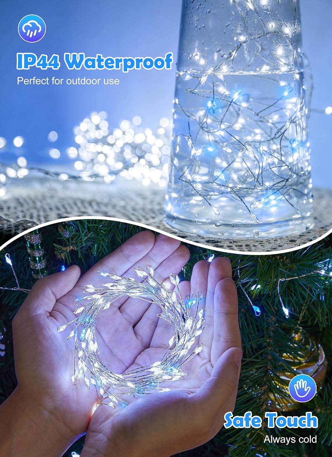 Fairy Lights Plug in, 10ft 200LED Cluster String Lights - Twinkle Copper Wire Christmas Tree Lights Waterproof for Bedroom Decor, Indoor/Outdoor Party, Patio, Garden，Blue White，2pack
