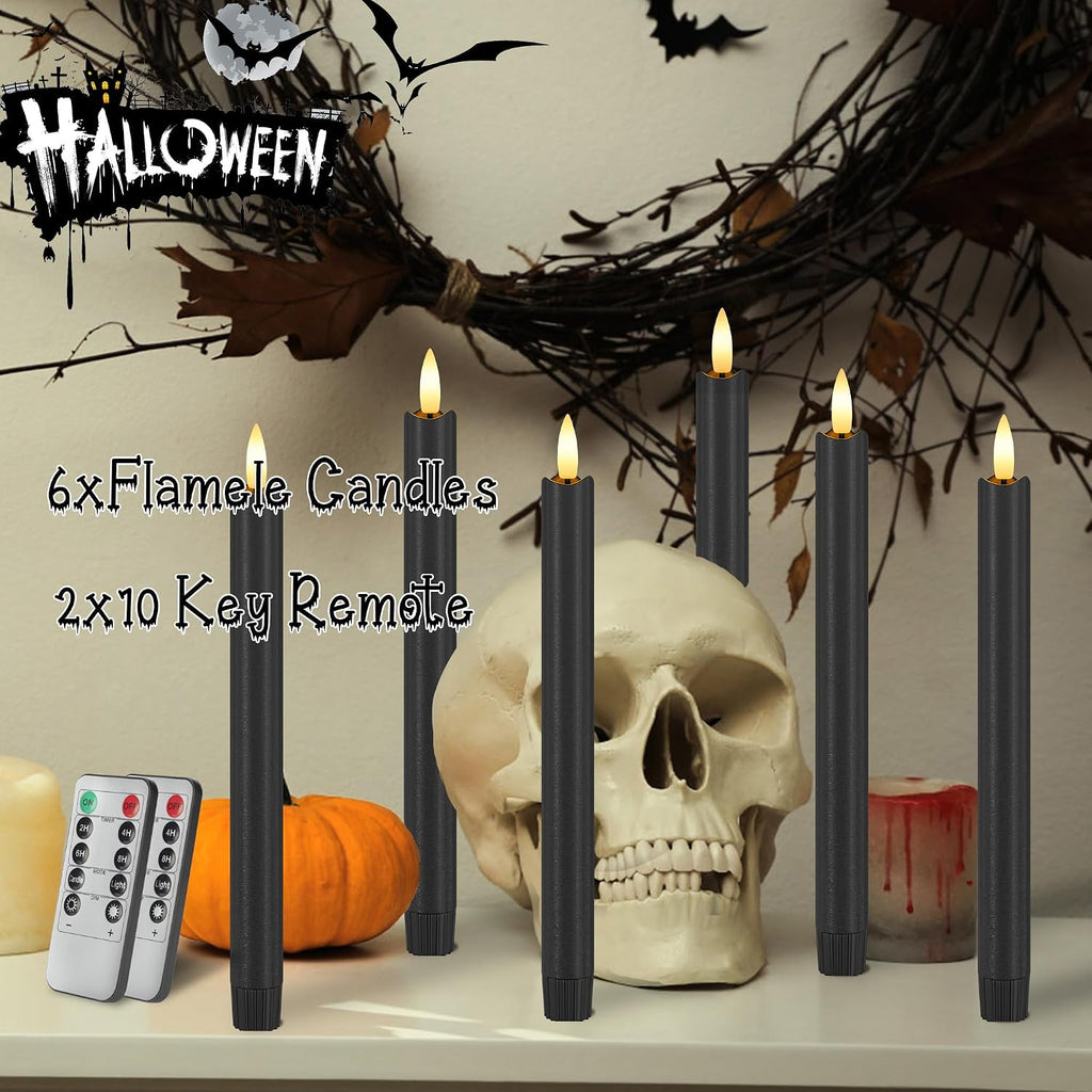 Black Halloween Flameless Candles with Remote, 9.6" Wax LED Taper Candles