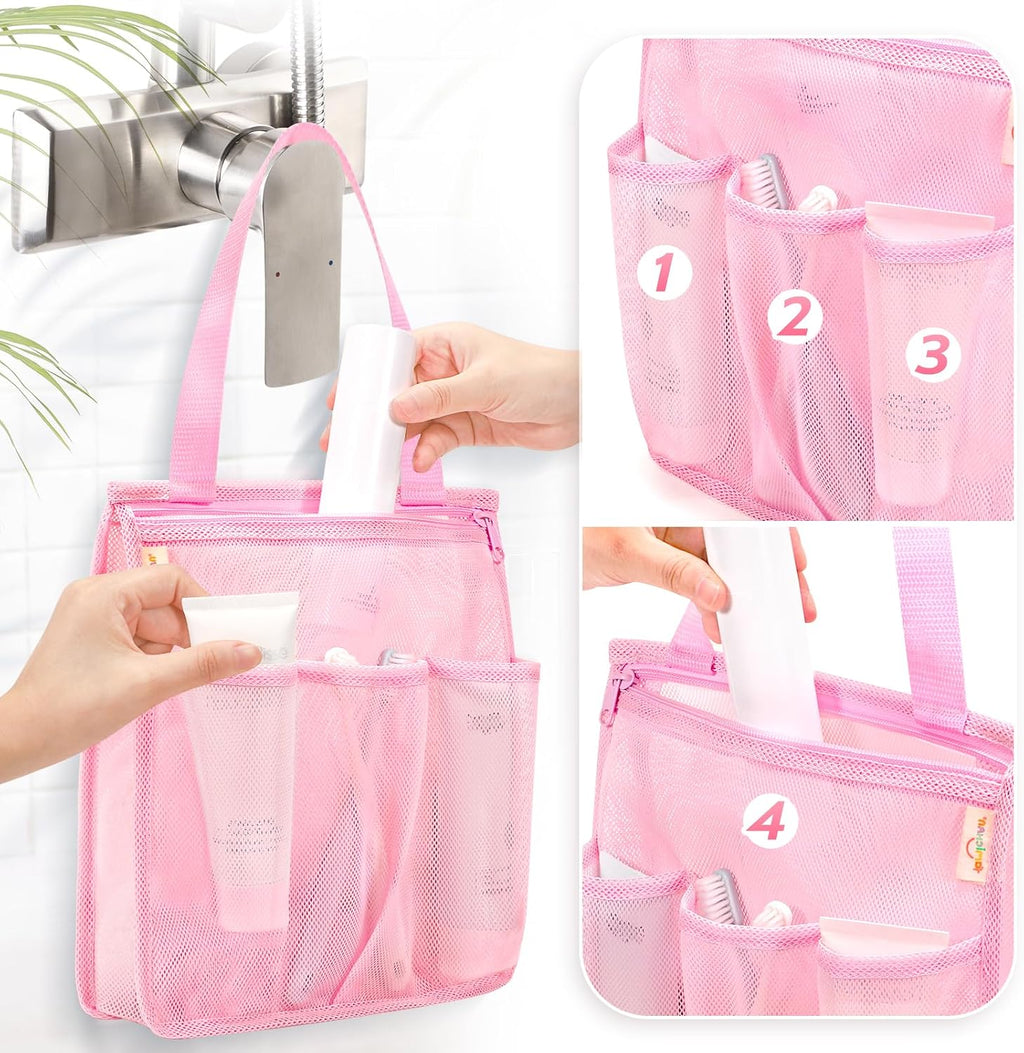 famichan Mesh Shower Caddy Portable, Gym Travel Camp Dorm Room Essentials for Women and College Girl, Pink Bathroom Shower Bag
