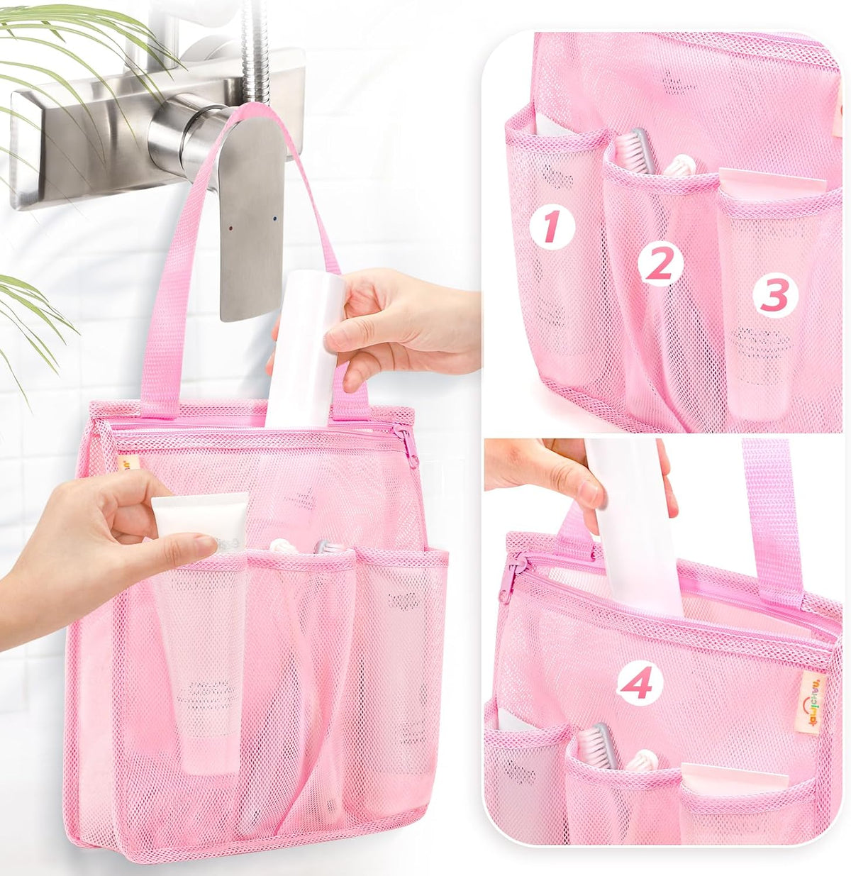 famichan Mesh Shower Caddy Portable, Gym Travel Camp Dorm Room Essentials for Women and College Girl, Pink Bathroom Shower Bag