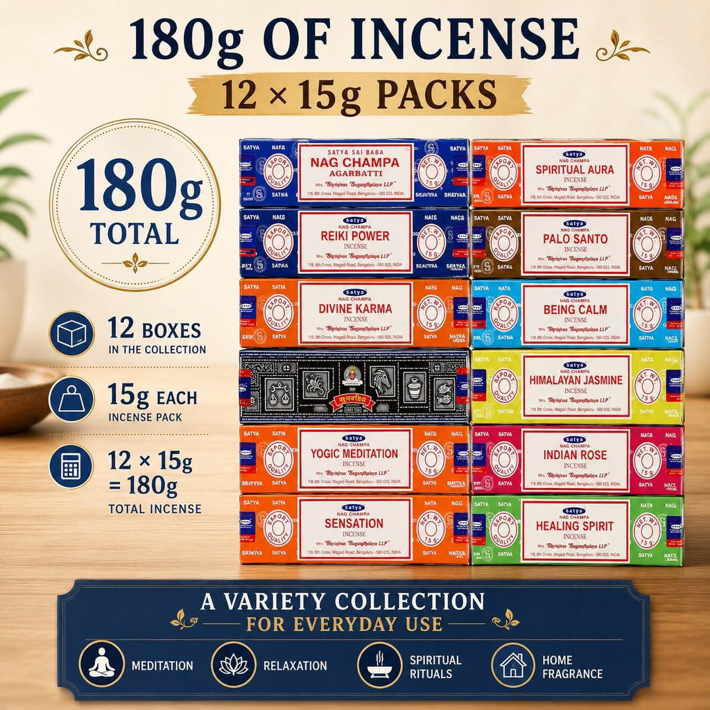 Satya Incense Sticks Set of 12 - Nag Champa, Palo Santo, Rose, Jasmine