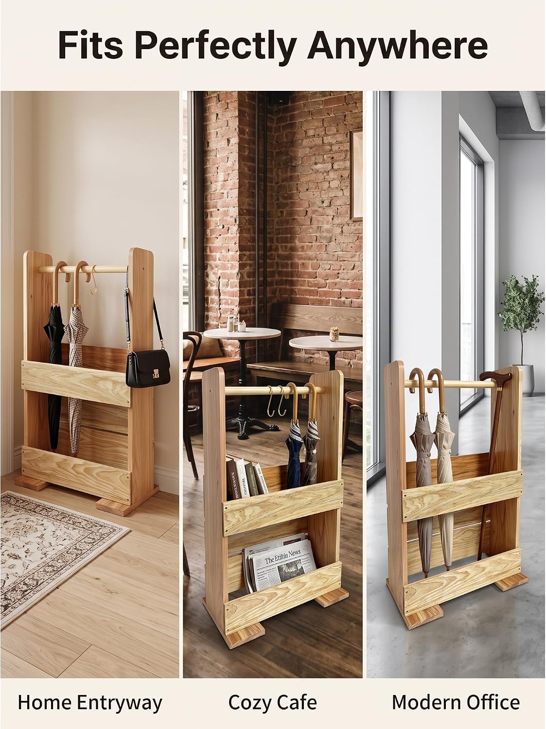 Solid Wood Umbrella Stand with Removable Drip Tray 5 Hooks