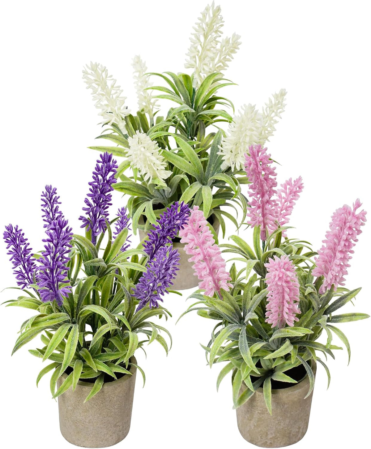 Artificial Lavender Flowers in Pot Set of 3, Fake Flowers Potted Plants for Home Decor Indoor, Small Faux Lavender Purple Pink White for Table Bedroom Bathroom Office