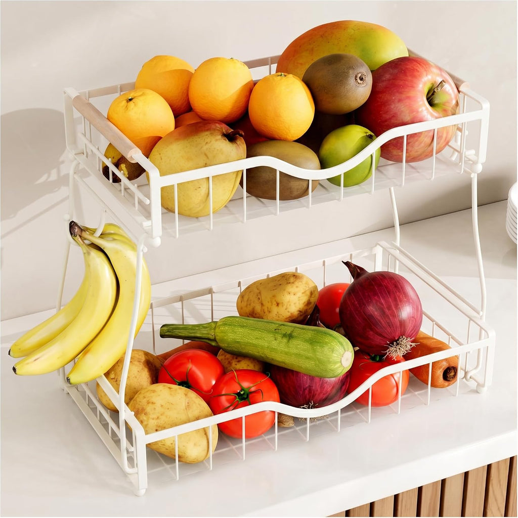 2 Tier Fruit Bowl,Fruit Basket with Banana Hangers,White